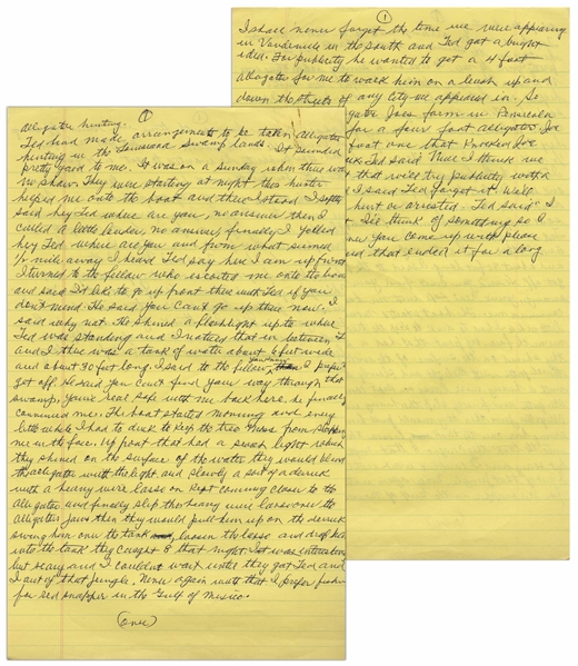 Moe Howard's Handwritten Manuscript Page When Writing His Autobiography -- Moe Describes a Funny Story About Him & Ted Healy Going Alligator Hunting -- Two Pages on One 8'' x 12.5'' Sheet